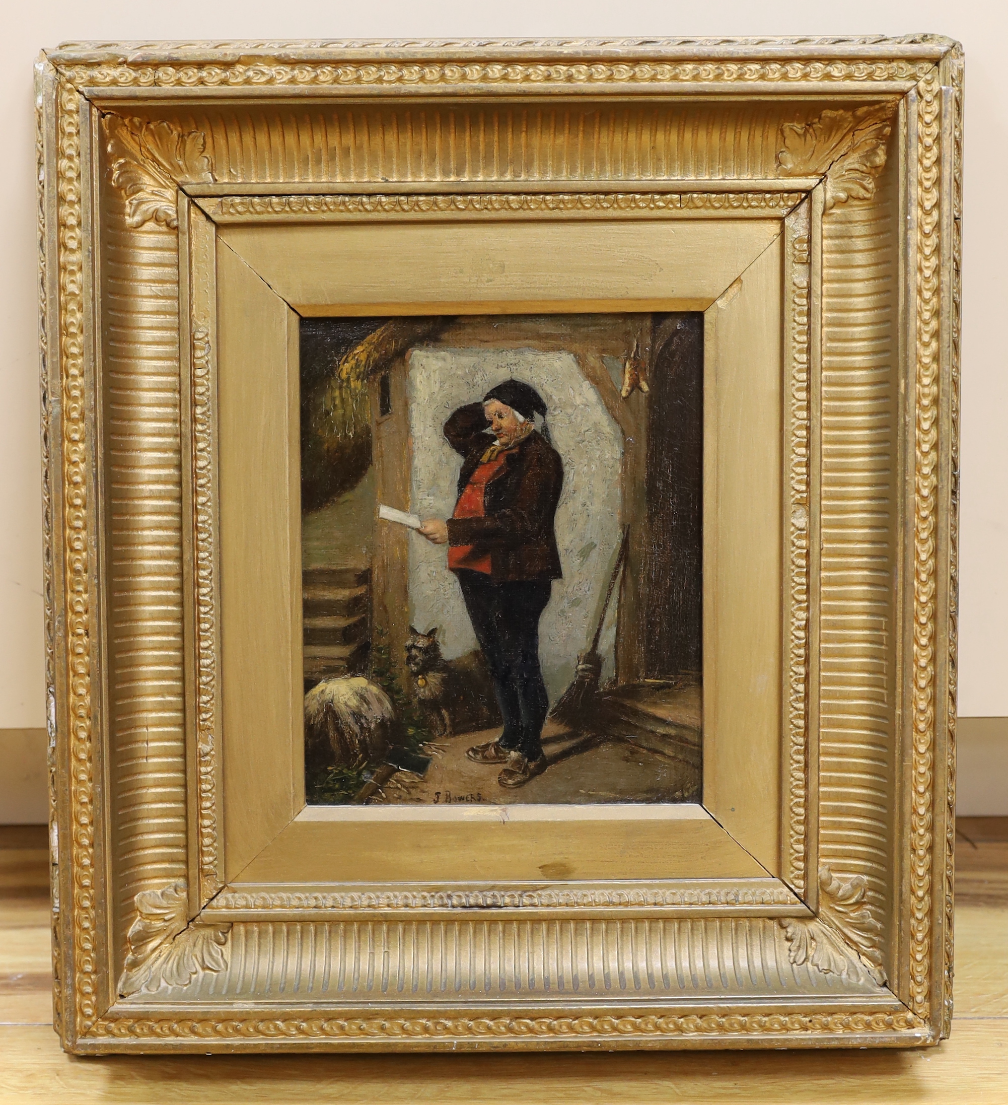J Bowers (19th century), oil on canvas, Interior scene with gentleman and dog, signed, 19 x 16cm